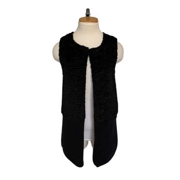 Calvin Klein Faux Persian Lamb Sweater Vest Black Small Long Open Tunic - Picture 1 of 6